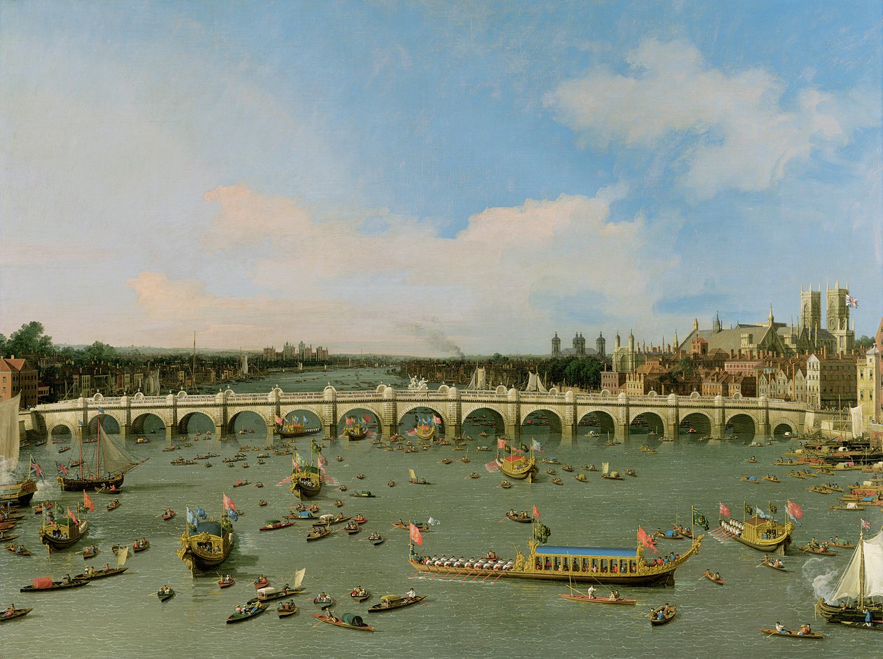 Westminster Bridge, London, med Lord Mayors prosesjon på Themsen av Giovanni Antonio Canal