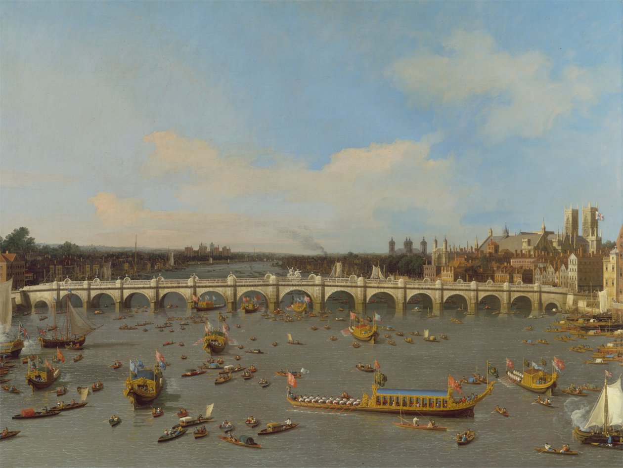 Westminster Bridge, med Lord Mayors prosesjon på Themsen av Giovanni Antonio Canal