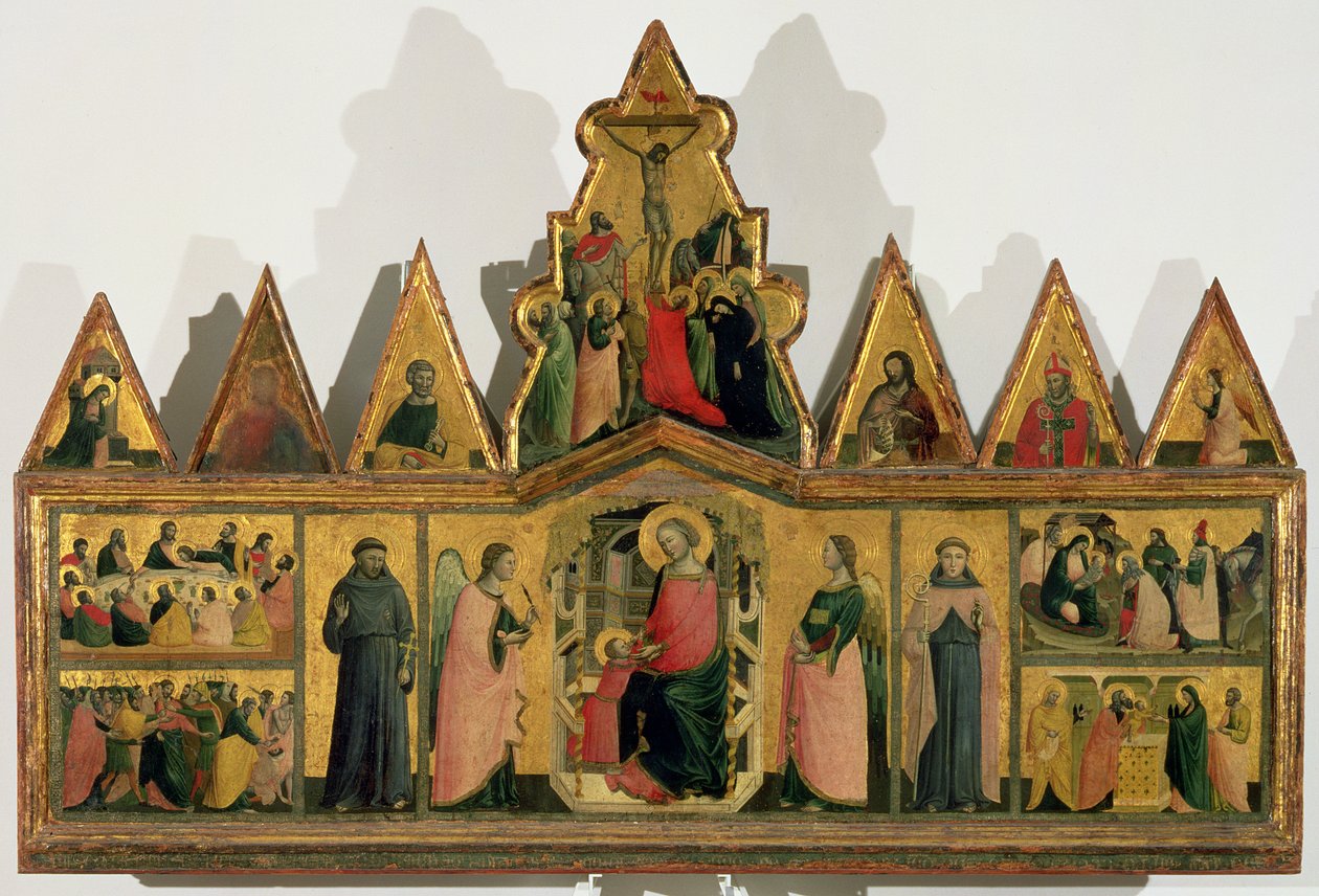 Polyptych: sentralpanel som viser Madonnaen og barnet tronet med engler og hellige omgitt av paneler som viser scener fra Kristi liv, trekantede pedimenter som viser helgener, engler a av Giovanni Baronzio da Rimini