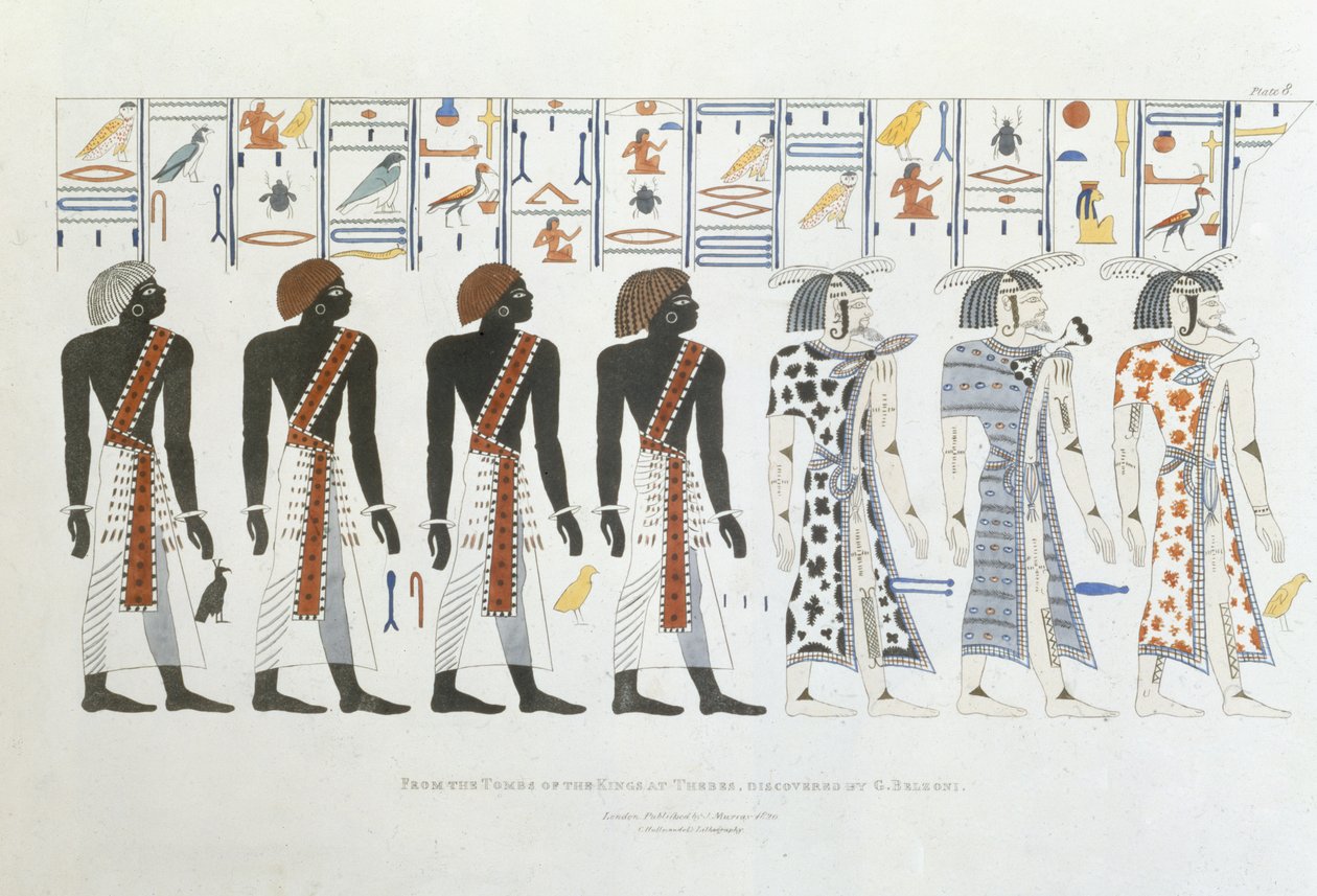 Illustrasjoner av hieroglyfer fra Kongenes graver i Theben, oppdaget av G. Belzoni, plate 8 fra `Plates Illustrative of the Researches in Egypt and Nubia`, gravert av Charles Hullmandel av Giovanni Battista Belzoni