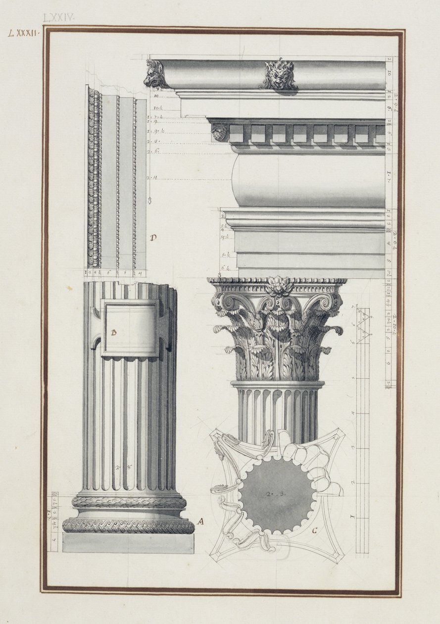 Detaljer om en sammensatt ordre, ca. 1750 (brunt og svart blekk og vask over grafitt på lagt papir) av Giovanni Battista Borra