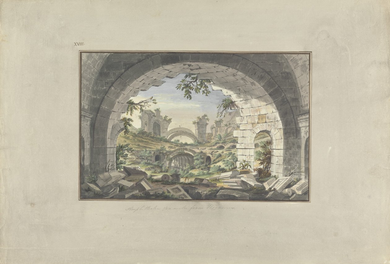 Ruiner ved Pergamon, sannsynlighet for amfiteateret, ca. 1750 (wc med penn og blekk over grafitt på papir) av Giovanni Battista Borra