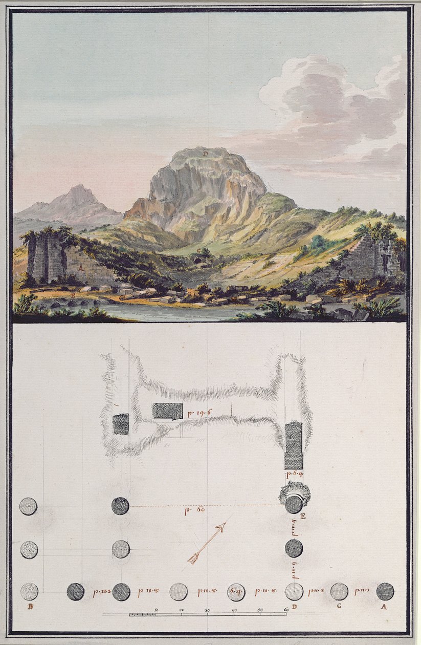 Utsikt over teatret på Sardis og en plan over det joniske tempelet på Sardis, ca. 1750 (penn og blekk, akvarell, vask, gouache og blyant på papir) av Giovanni Battista Borra