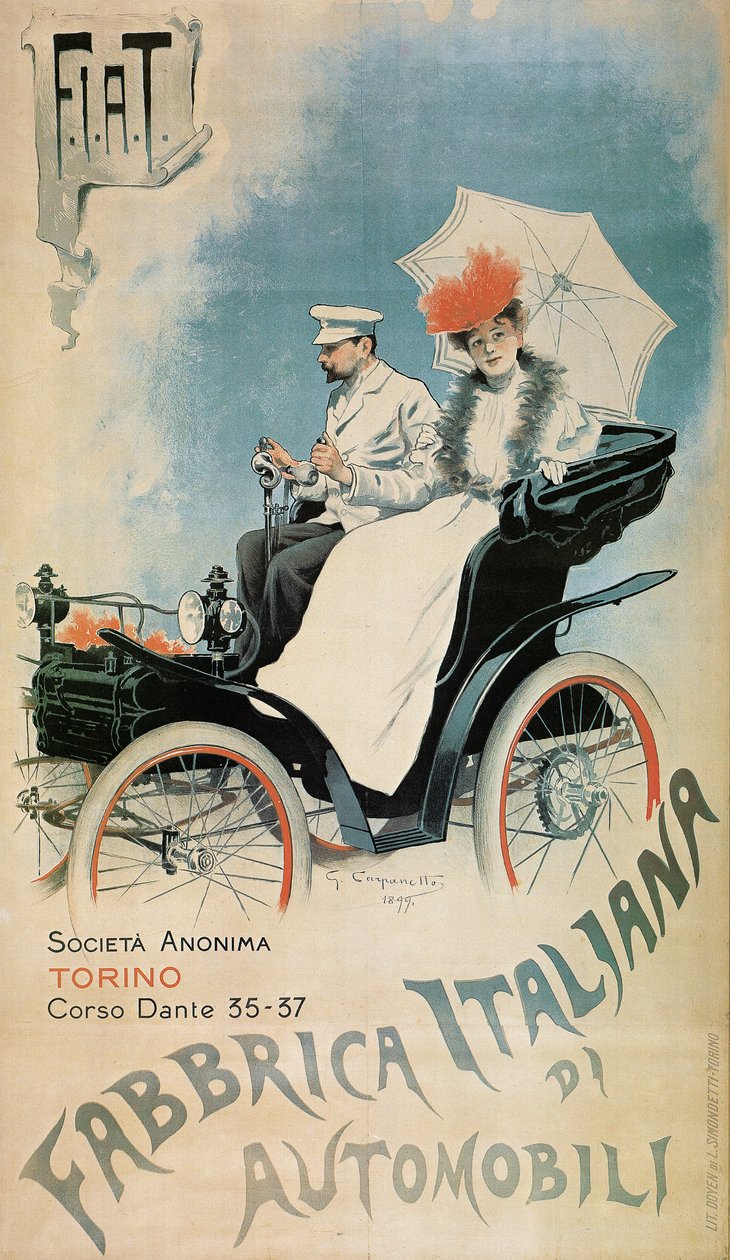 Plakat som annonserer en tidlig FIAT-bil, 1899 av Giovanni Battista Carpanetto