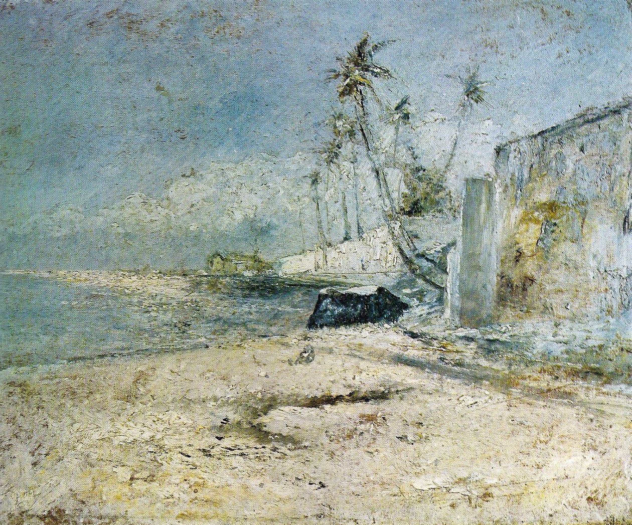 Kokostrær ved sjøen Strekk deg fra stranden i Sao Roque i Paquetan av Giovanni Battista Castagneto