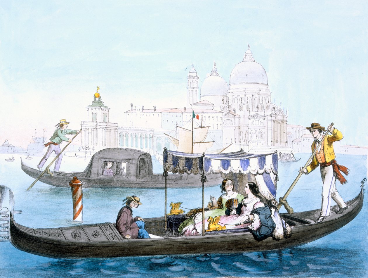 Venetiansk gondol, fra 'Utsikt over de viktigste monumentene i Venezia', ca. 1850 av Giovanni Battista Cecchini
