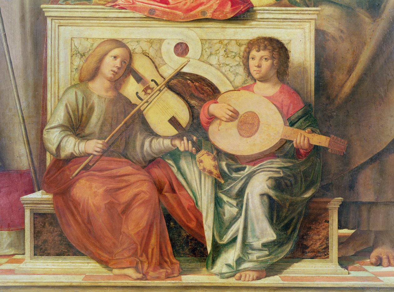Detalj av englemusikere fra et maleri av Jomfru og helgener, 1496-99 av Giovanni Battista Cima da Conegliano