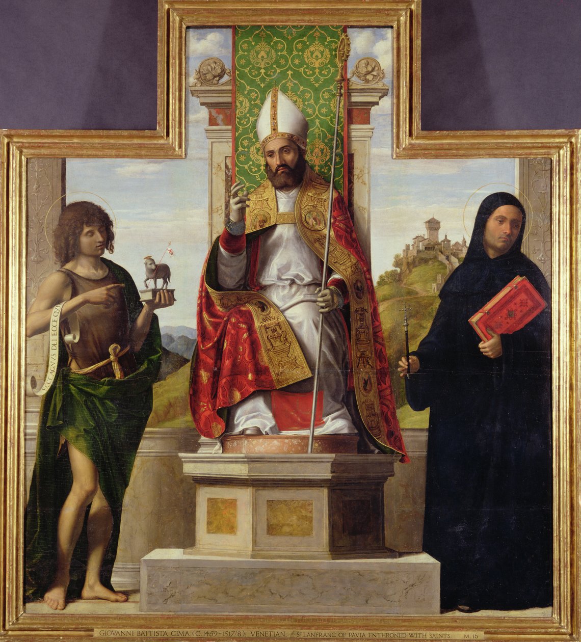 St. Lanfranc av Pavia tronet mellom døperen Johannes og St. Liberius, ca. 1515-16 av Giovanni Battista Cima da Conegliano