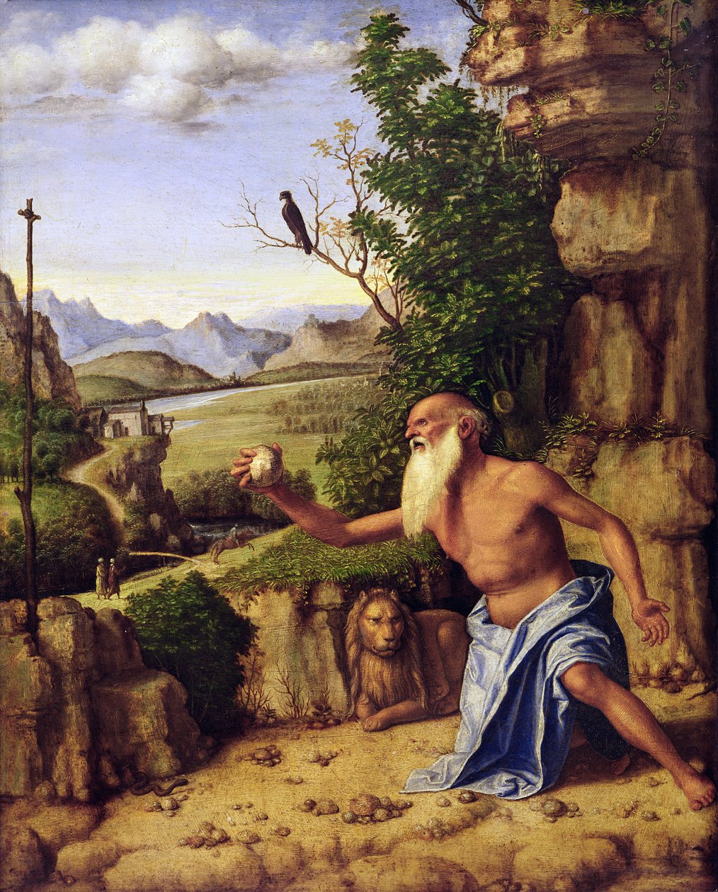 St.Jerome in a Landscape, ca. 1500-10 (olje på tre) av Giovanni Battista Cima da Conegliano