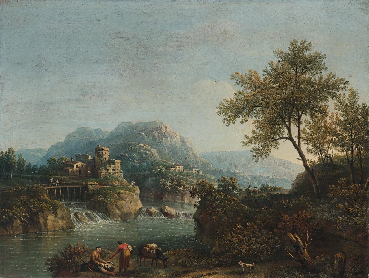 Elvelandskap med figurer og et esel av Giovanni Battista Cimaroli