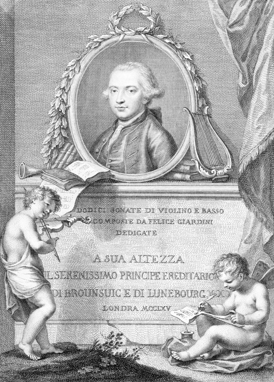Noteromslag med et portrett av Felice Giardini, gravert av Francesco Bartolozzi av Giovanni Battista Cipriani