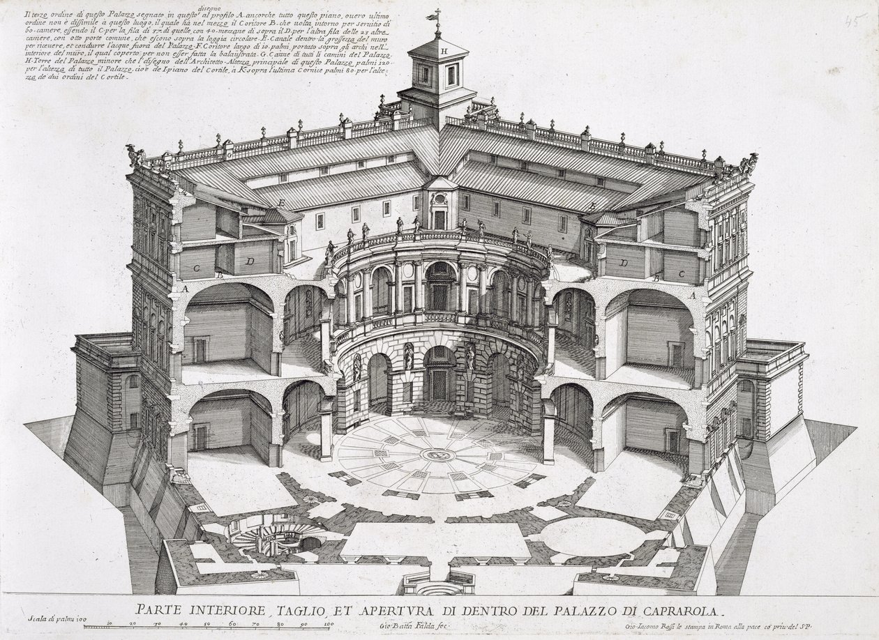 Tverrsnitt av Villa Caprarola, Bagnaia av Giovanni Battista Falda