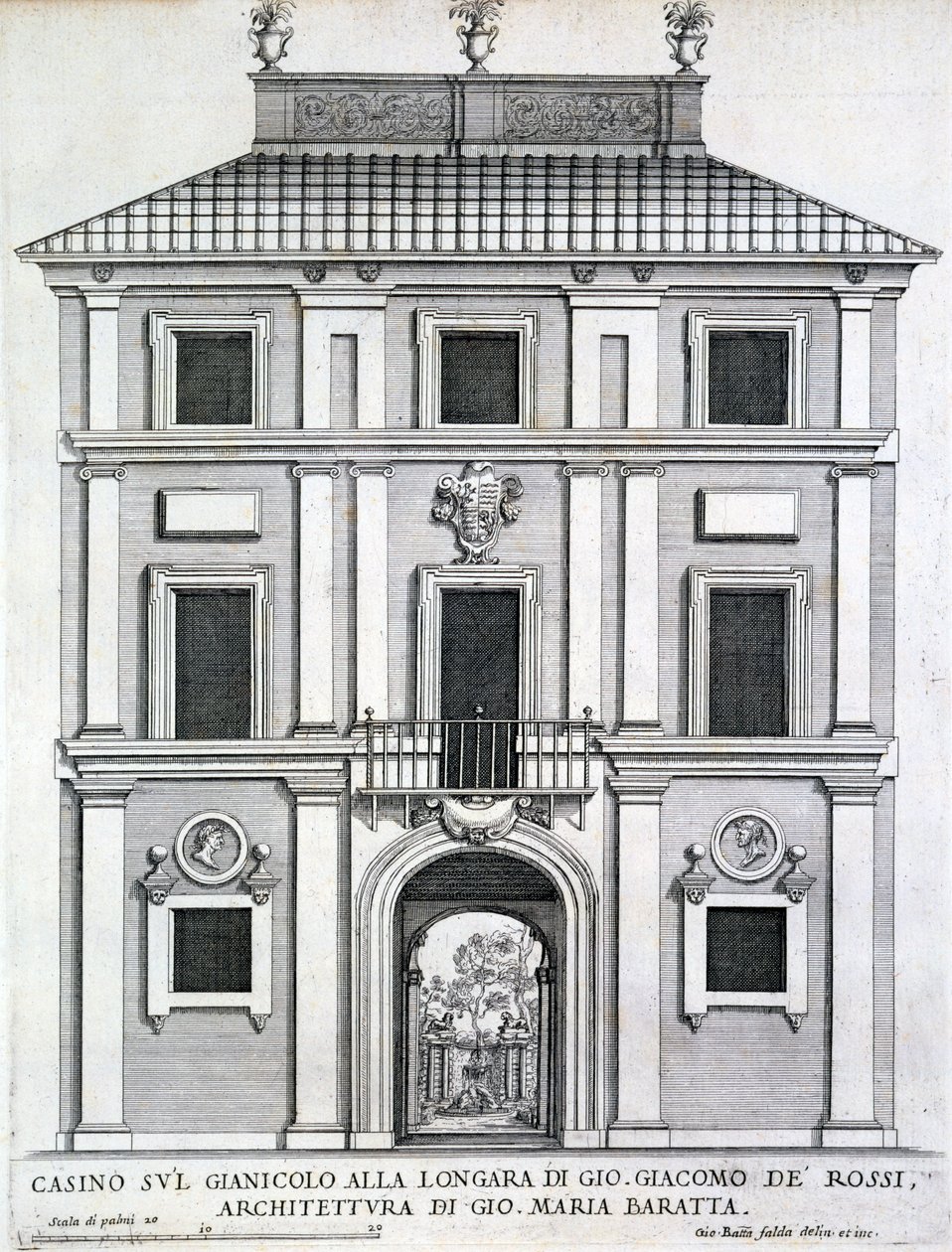 Hagekasino som tilhører Giacomo de Rossi på Gianicolo alla Longara, fra 'Palazzi di Roma', publisert ca. 1696-1702 av Giovanni Battista Falda