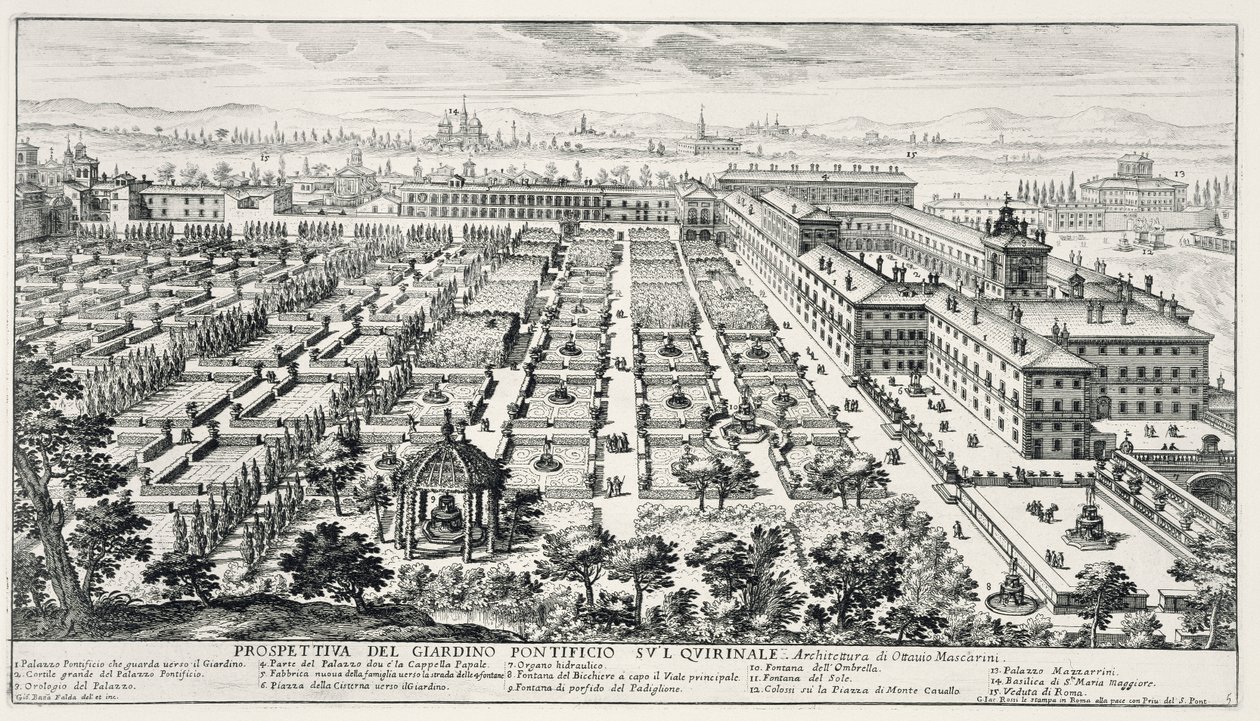 Gardens of the Quirinale, fra 'Li Giardini di Roma', utgitt ca. 1683 (se også 172930) av Giovanni Battista Falda