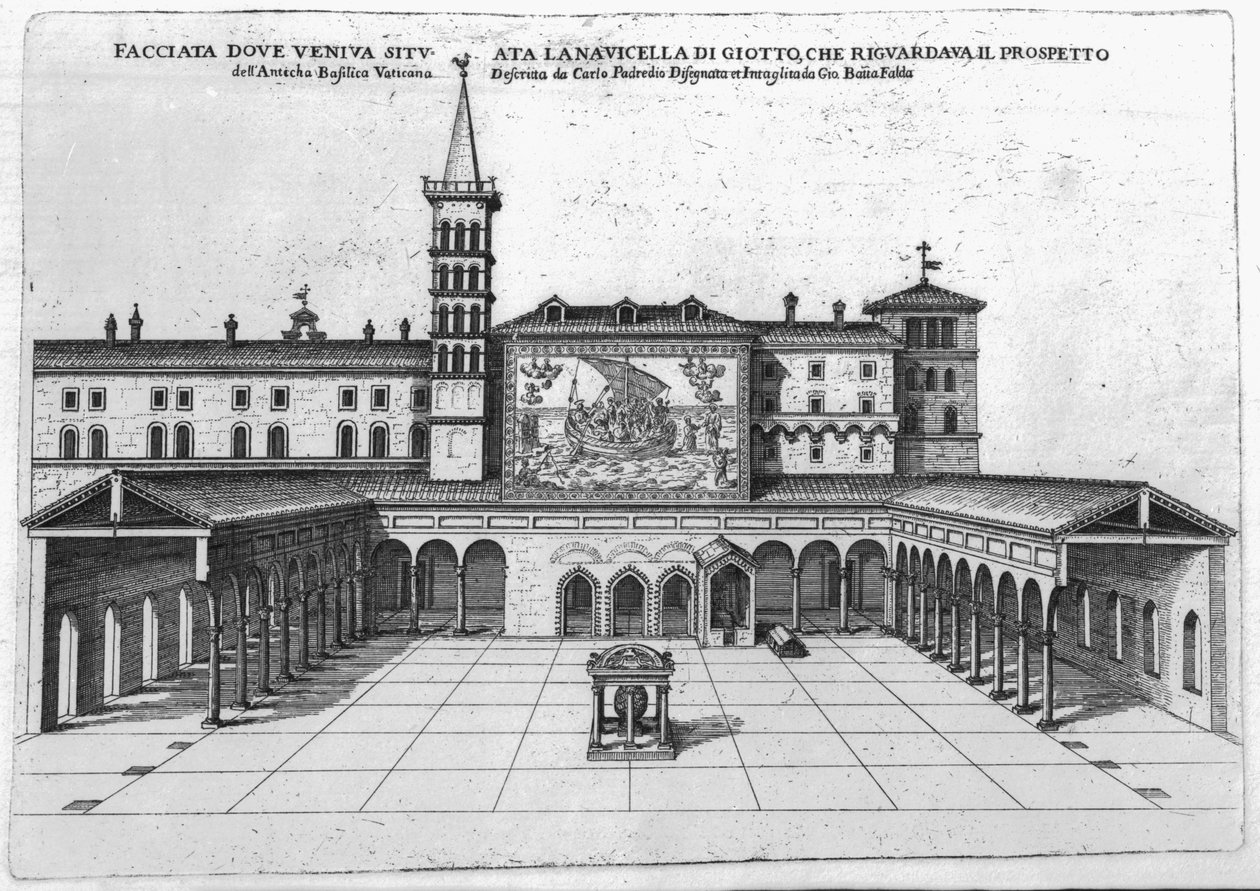 Benediction Loggia i den gamle Vatikanbasilikaen med utsikt over Giottos mosaikk av Giovanni Battista Falda