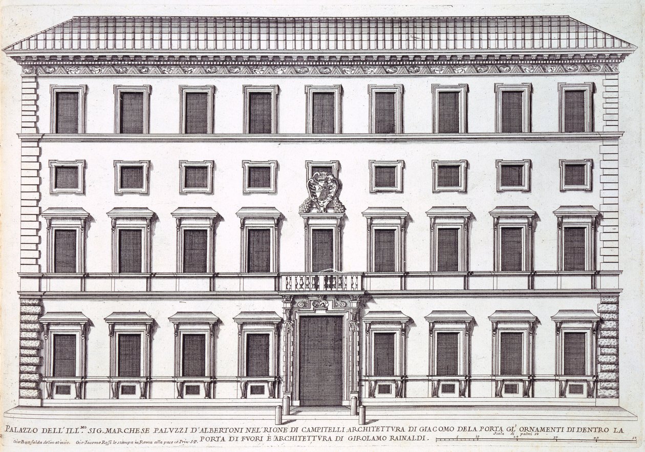 Utsikt over fasaden til Palazzo Marchese, Roma, designet av Giacomo della Porta (1538-1602) og Girolamo Rainaldi (1570-1655) av Giovanni Battista Falda