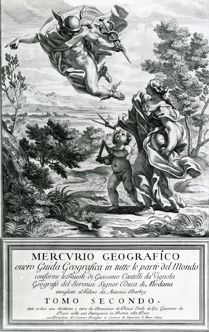 Mercury ledende geografi, 1692 av Giovanni Battista Gaulli