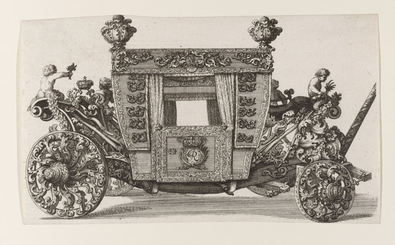 Sett fra siden av den andre vognen til Lord Castelmaine bygget i 1686 av Andrea Cornely etter hans egen d ... av Giovanni Battista Lenardi
