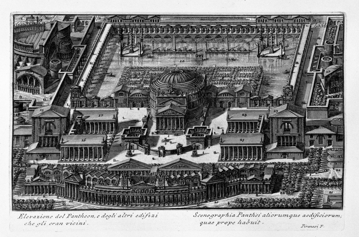 Høyde over Pantheon og de andre bygningene som var i nærheten av den. Latina av Giovanni Battista Piranesi