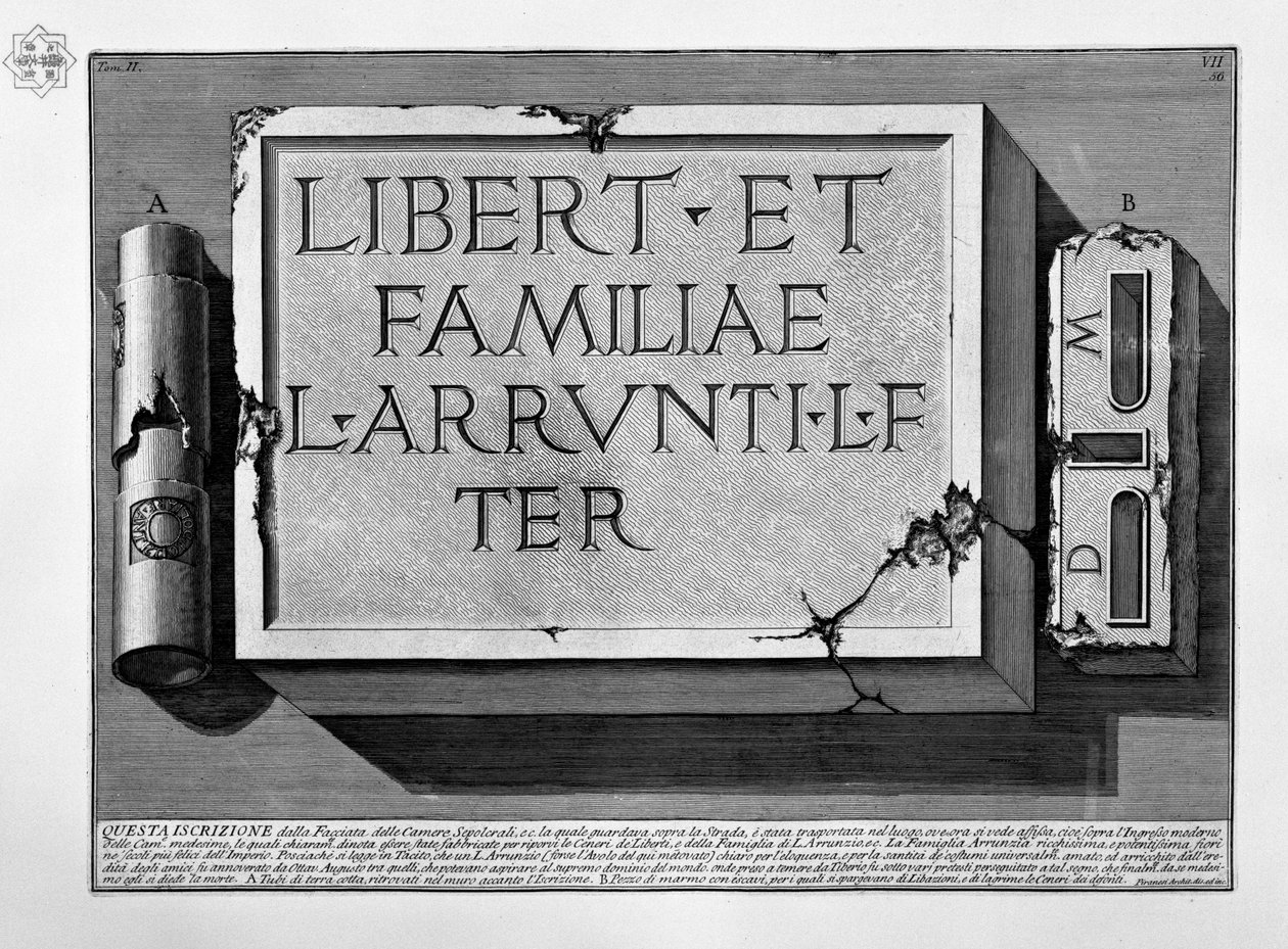 Inskripsjon i graven til familien L. Arrunzio av Giovanni Battista Piranesi