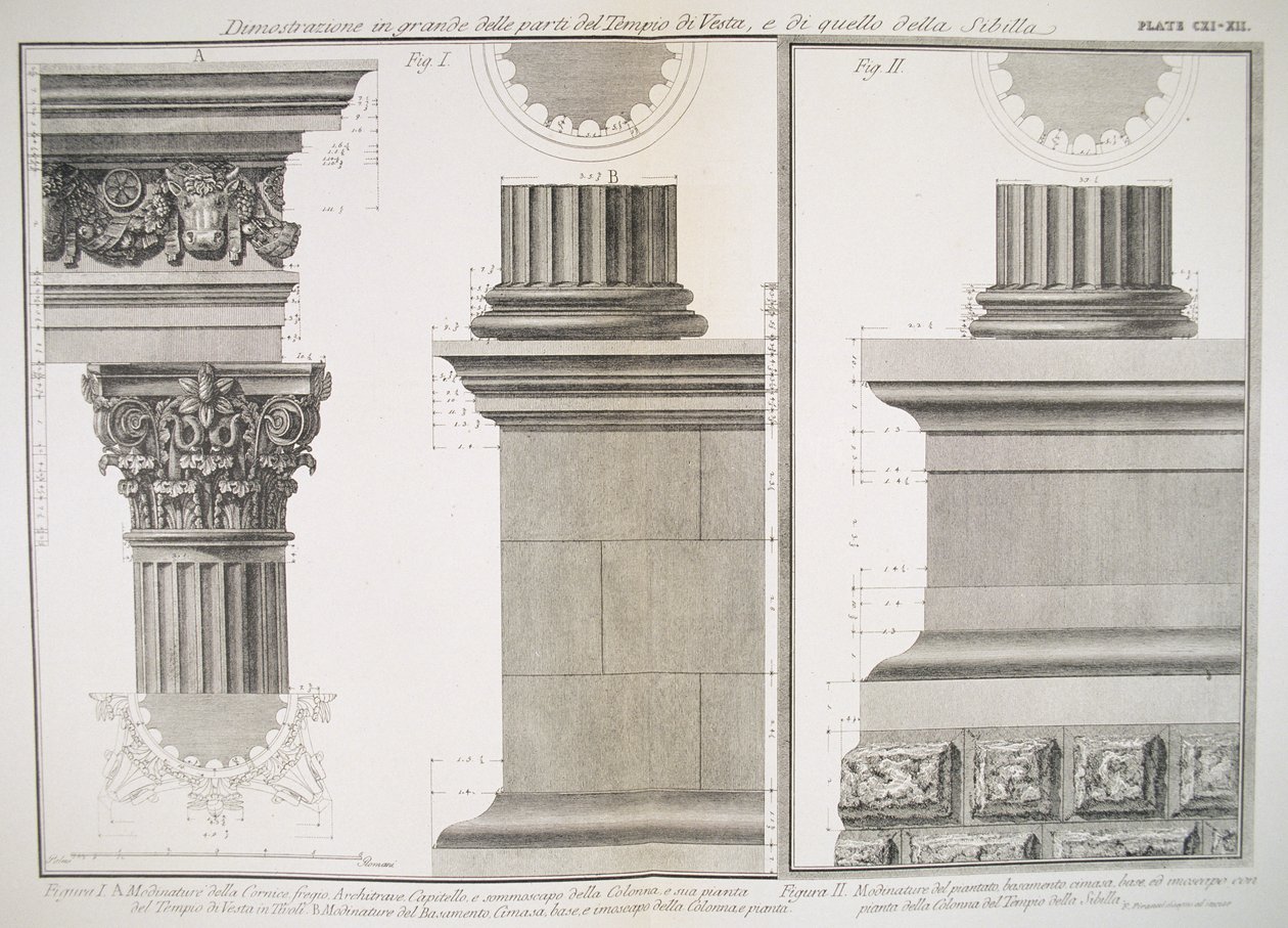 Plate CXI-XII Illustrasjon av søylestrukturen til Temple of Vesta og Temple of Sibilla fra 'Vedute', først utgitt i 1756, pub. av E und FN Spon Ltd., 1900 av Giovanni Battista Piranesi