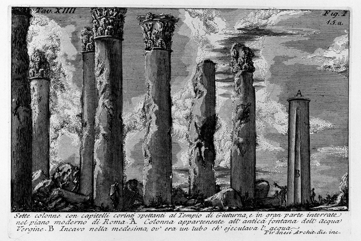 Syv kolonner med korintiske hovedsteder som tilhører Juturna -tempelet, og for det meste begravet i den moderne planen for Roma av Giovanni Battista Piranesi