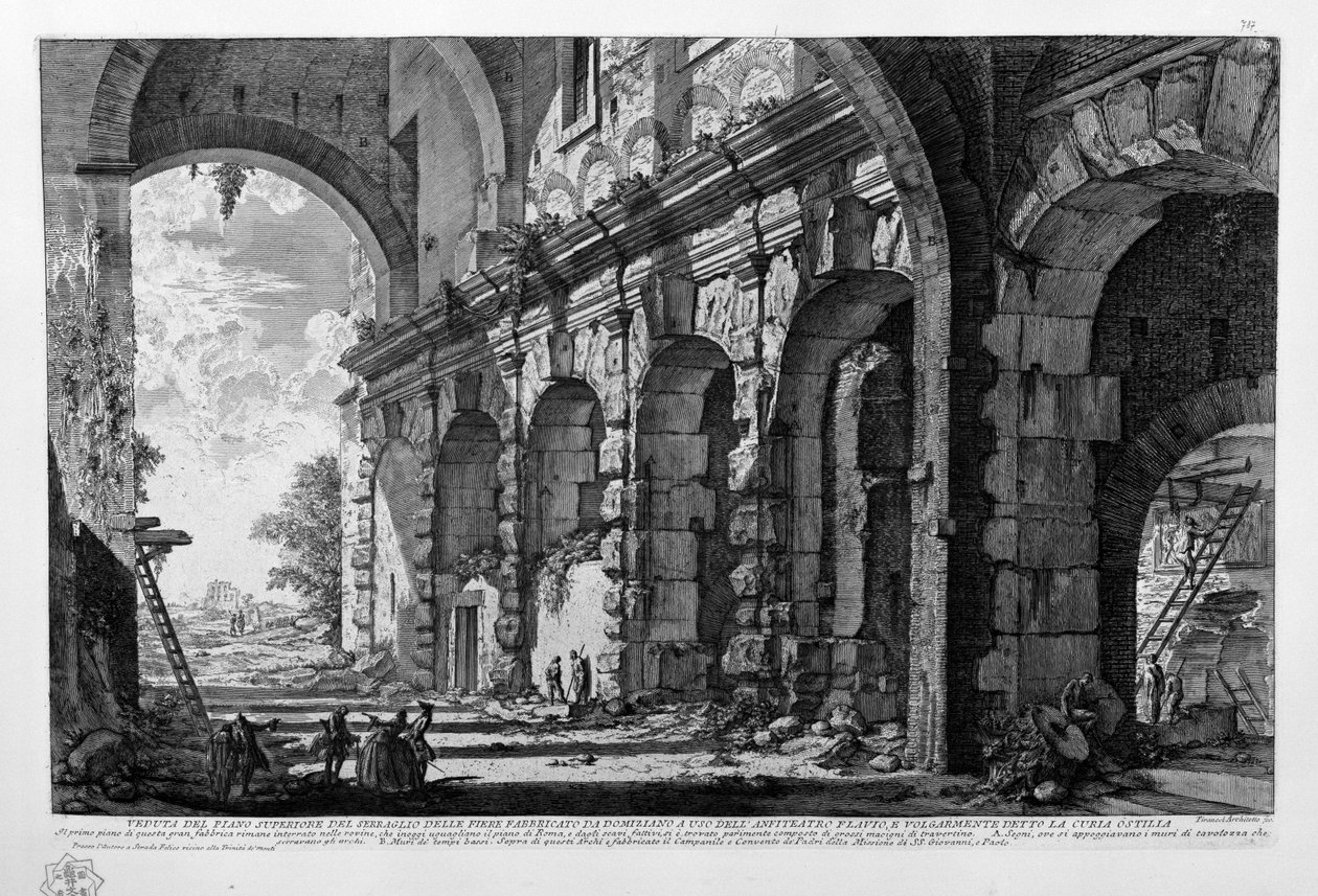 Utsikt over øverste etasje i seraglio delle fiere bygget av Domitian for bruk av det flaviske amfiteateret, og kjent som Curia Ostilia av Giovanni Battista Piranesi