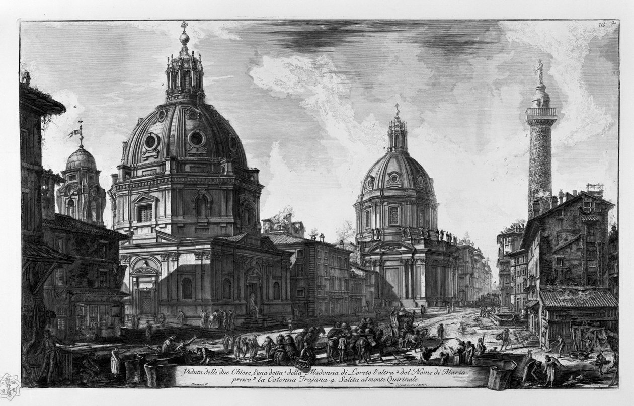 Utsikt over de to kirkene. Santa Maria di Loreto kirke Santissimo Nome di Maria Colonna Traiana. Stigning til Mount Quirinale av Giovanni Battista Piranesi
