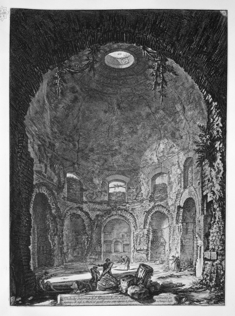 Innvendig utsikt over Tempio della Coosse bygget av murstein og tuffer av Giovanni Battista Piranesi