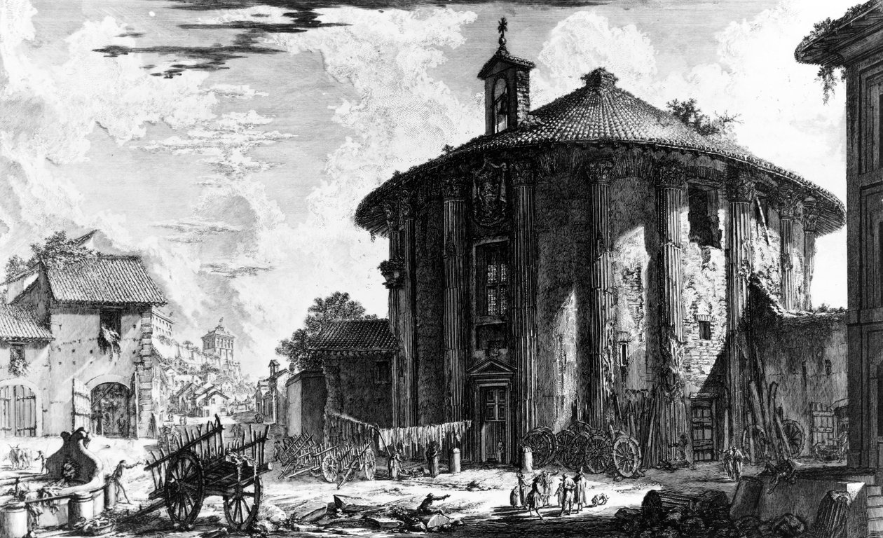 Utsikt over Cybele-tempelet på Piazza della Bocca della Verita, fra 