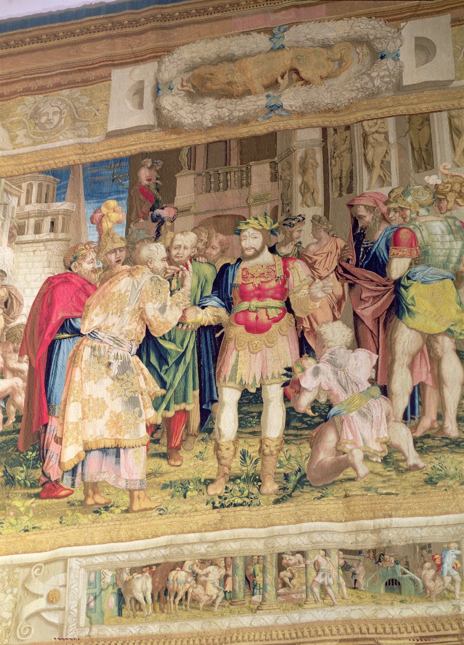 The Unification of the States, detalj som viser Frans I av Frankrike (1494-1547) (teppe) av Giovanni Battista Rosso Fiorentino