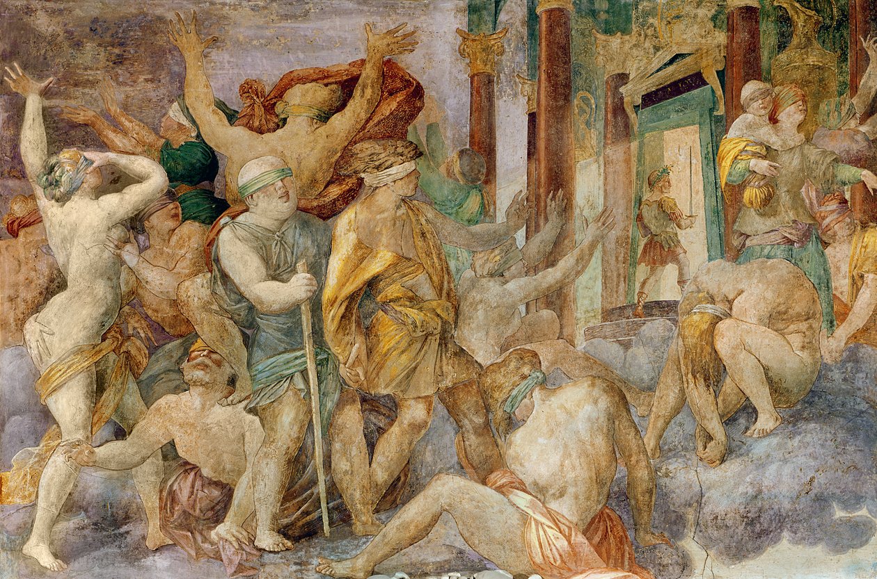 Frans I driver ut lastene og går inn i Jupiter-tempelet, ca. 1522-40 av Giovanni Battista Rosso Fiorentino