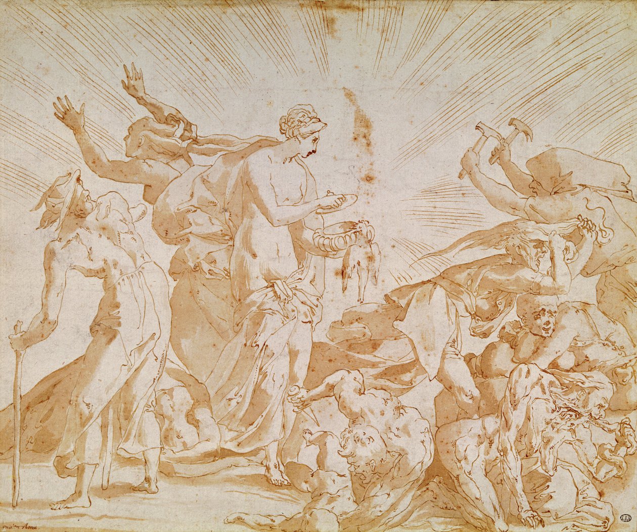 Pandora åpner esken (penn, blekk og vask på papir) av Giovanni Battista Rosso Fiorentino