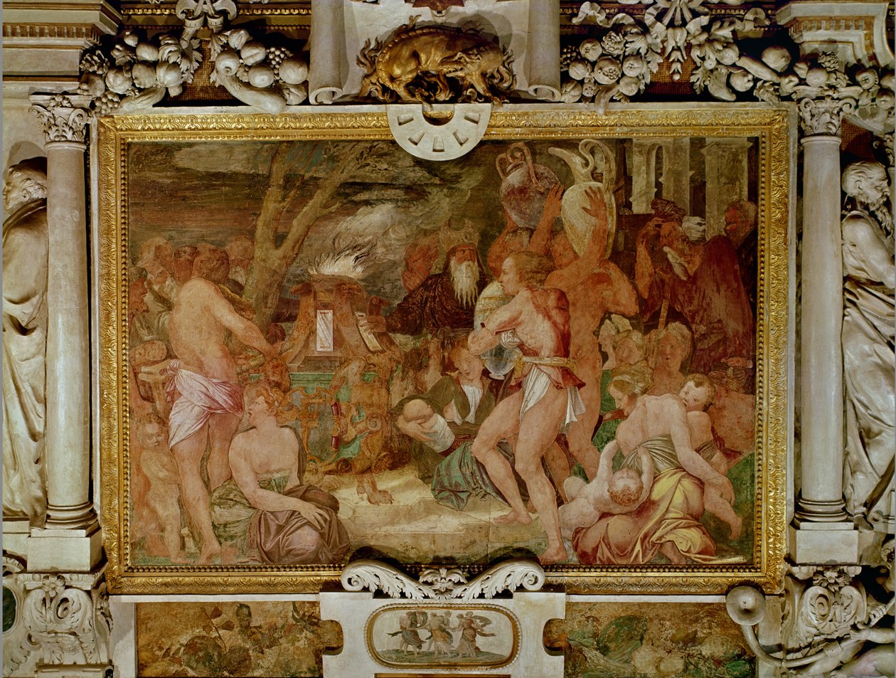 De kataniske tvillingene, Anapias og Amphinamus ved offeralteret, detalj av det dekorative oppsettet i Galleriet til Frans I (1494-1547) 1535-40 (freskomaleri og stukkatur) av Giovanni Battista Rosso Fiorentino