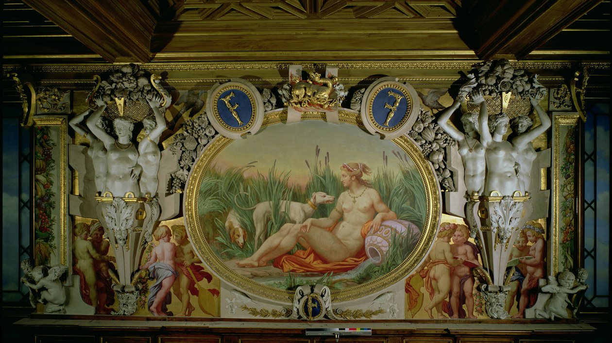 The Nymph of Fontainebleau, detalj av dekorativt opplegg i Gallery of Francis I, 1530-40 freskomaleri og stukkatur av Giovanni Battista Rosso Fiorentino