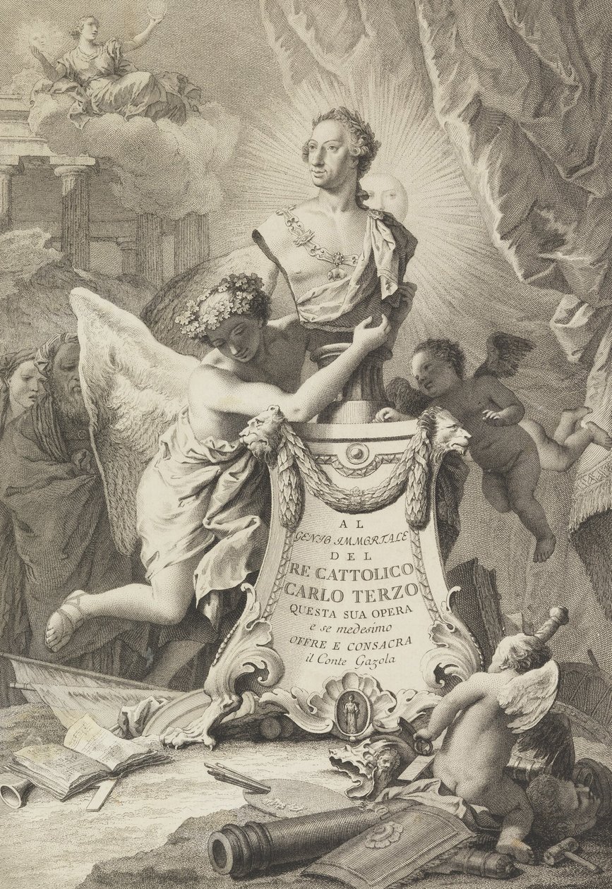 Dedikasjonsside til Charles III av Spania og de to siciliene, frontispice for Paolantonio Paoli, Ro ... av Giovanni Battista Tiepolo