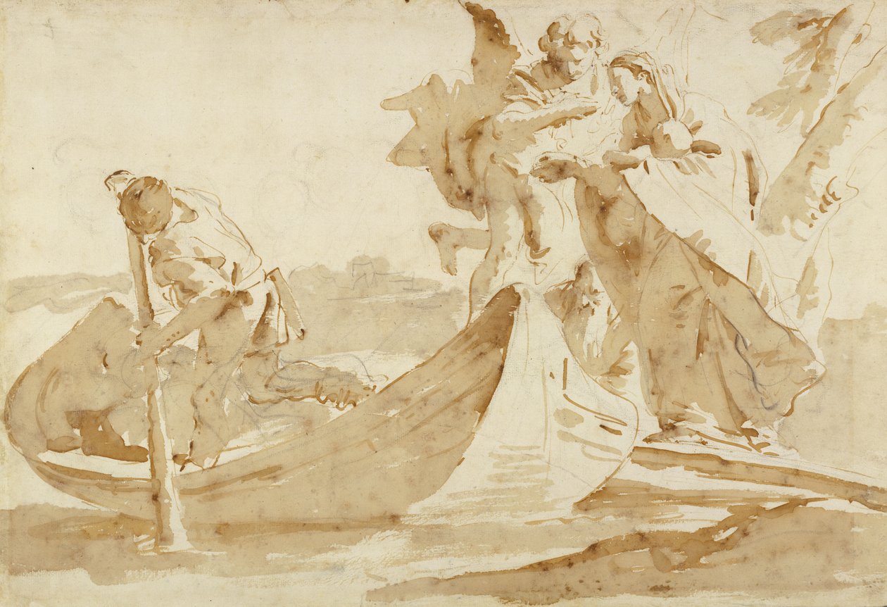 Fly til Egypt, 1725-35 (Penn og brunt blekk med brun vask over svart kritt) av Giovanni Battista Tiepolo