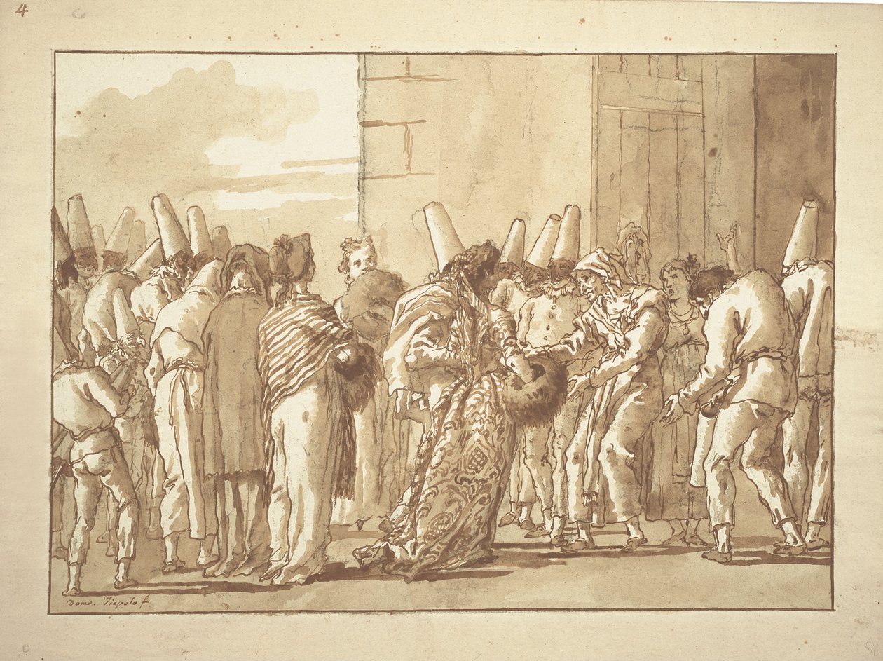 Punchinellos far bringer hjem bruden sin av Giovanni Battista Tiepolo