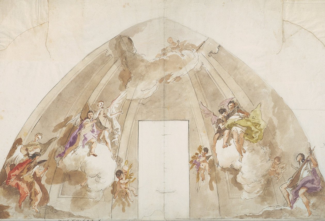 Sang og musikkskapende engler- Forberedende tegning for taket i Udine katedral av Giovanni Battista Tiepolo
