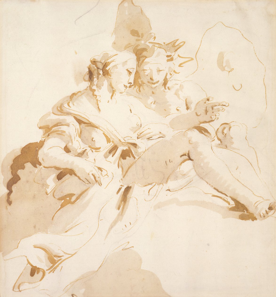 Zephyr and Flora (penn og brunt blekk, med brun vask, over svart kritt, på papir) av Giovanni Battista Tiepolo