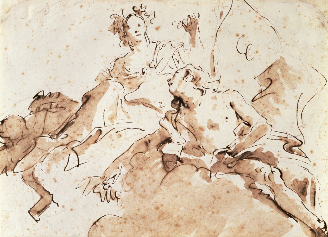 Zephyrus and Flora (penn og brun vask over svart kritt på papir) av Giovanni Battista Tiepolo