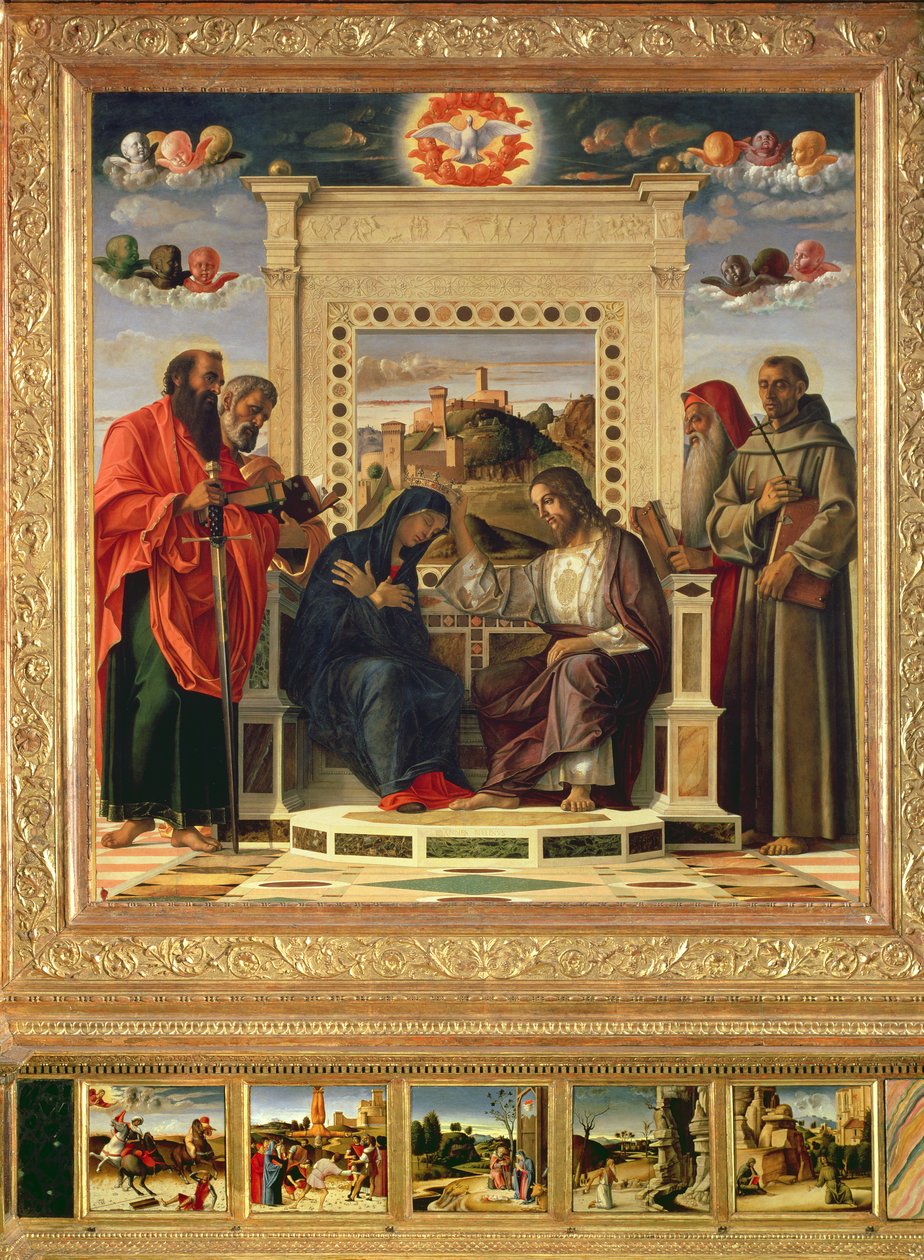 Kroning av jomfruen med SS. Paul, Peter, Hieronymus og Frans av Assisi med scener fra de helliges liv i predella-panelet, kjent som 
