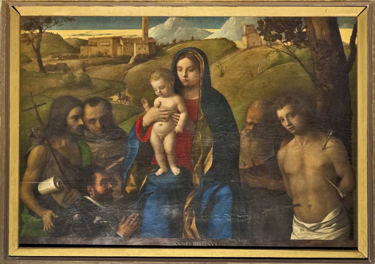 Madonna og barn med fire hellige (døperen Johannes, Francis, Jerome og Sebastian (venstre til høyre)) og donator av Giovanni Bellini
