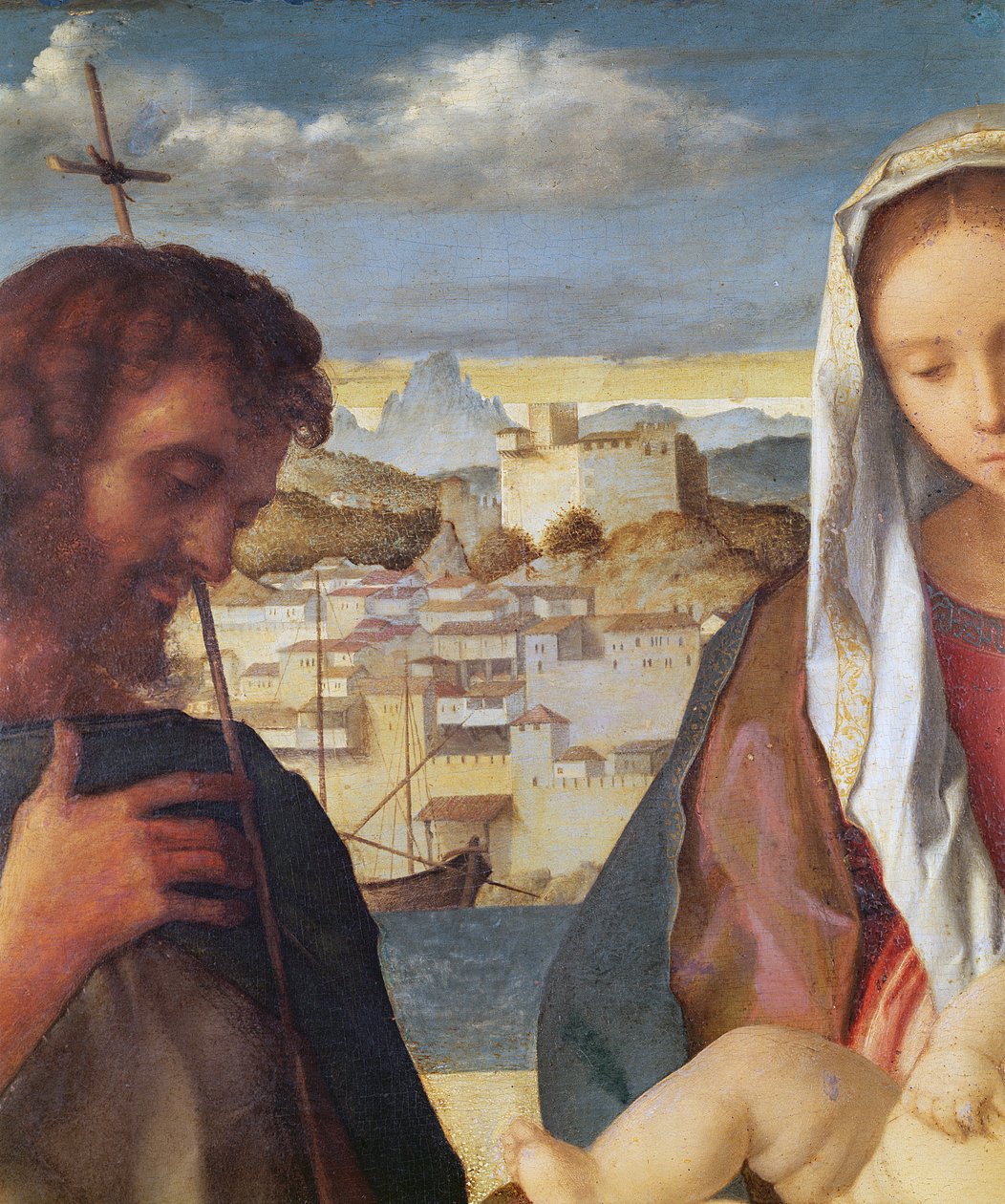 Madonna og barn med døperen Johannes og en hellig, detalj av bakgrunnsbyen ved vannkanten, ca. 1504 (detalj av 61025) av Giovanni Bellini