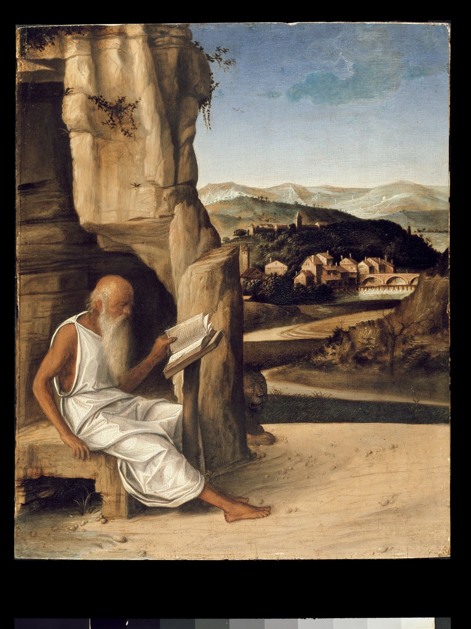 St. Jerome leser i et landskap av Giovanni Bellini