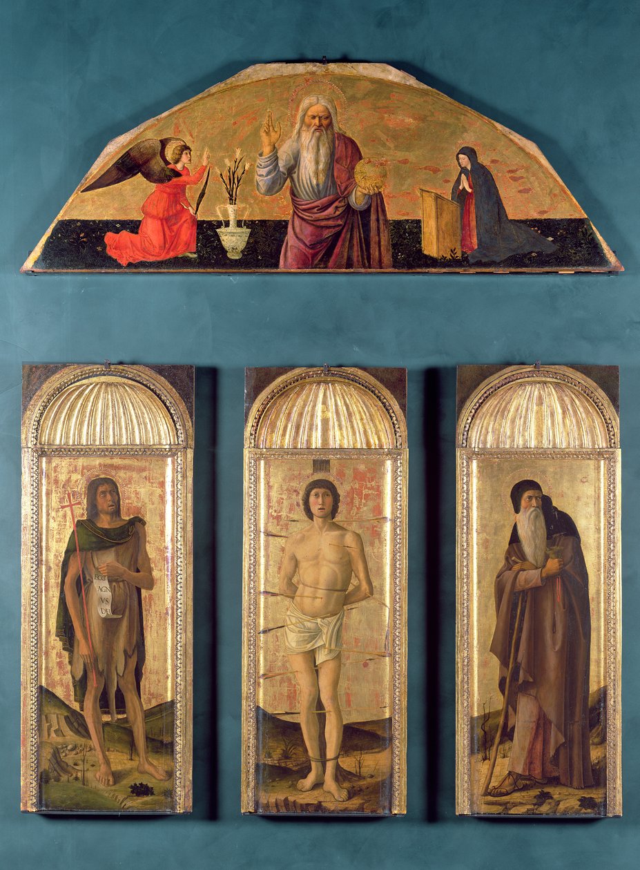 St.Sebastian mellom Døperen Johannes og Abbeden St. Antonius, i lunetten Eternity and the Annunciation (tempera og bladgull på panel) av Giovanni Bellini