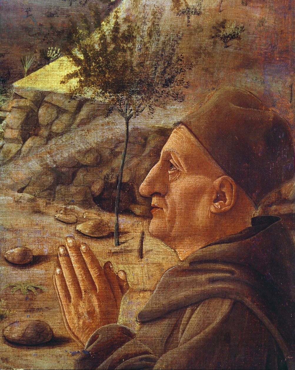 Korsfestelsesdetaljen til hodet til beskytteren olje på panelet av Giovanni Bellini