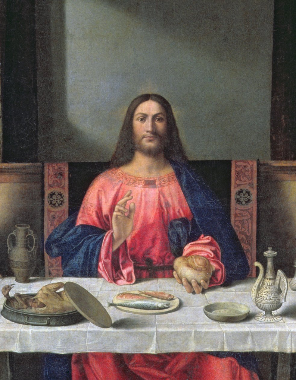 Nattverden i Emmaus olje på paneldetalj av 97010 av Giovanni Bellini