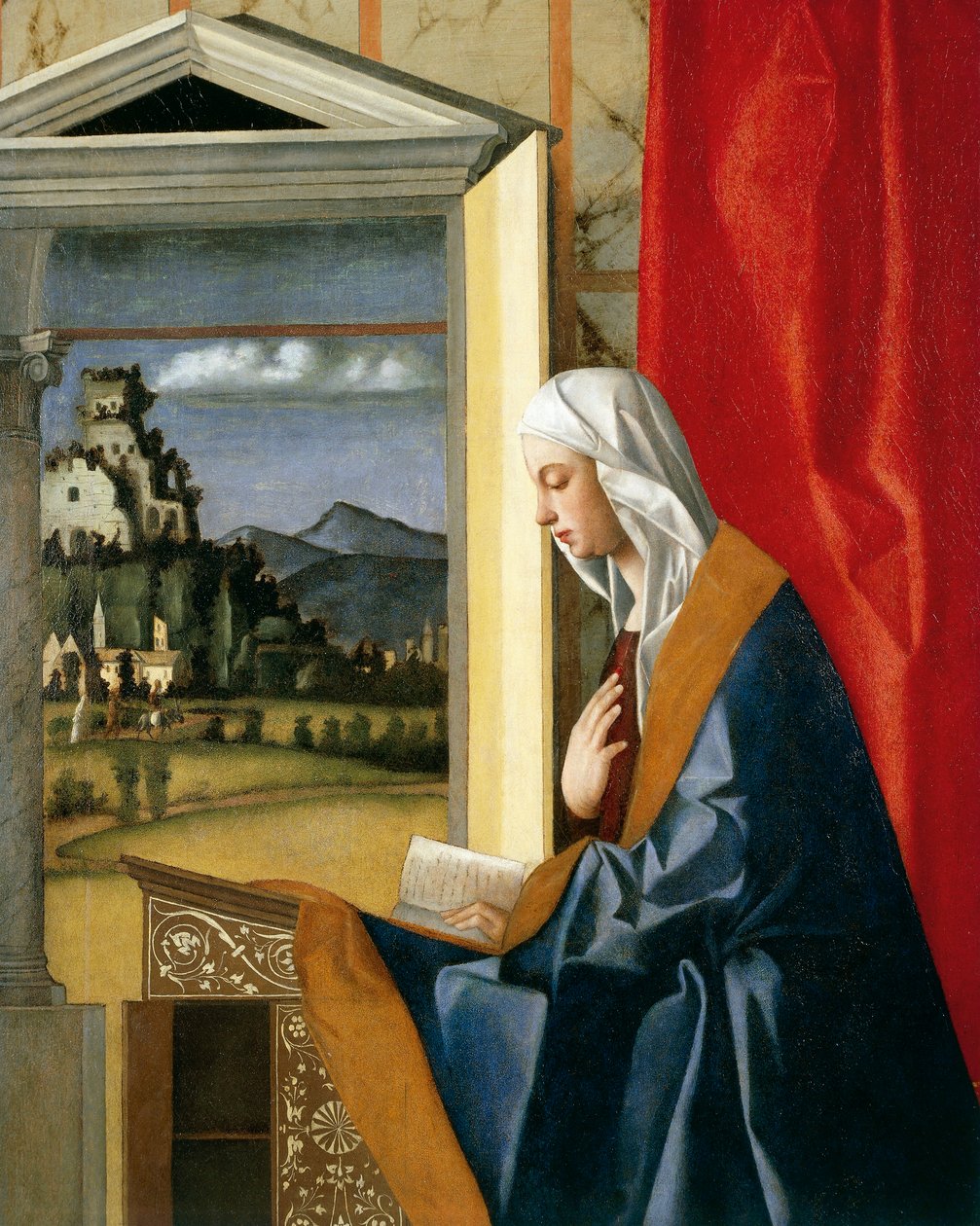 Virgin of Annunciation, fra The Annunciation diptych, ca. 1500 (restaurering etter 1998) av Giovanni Bellini