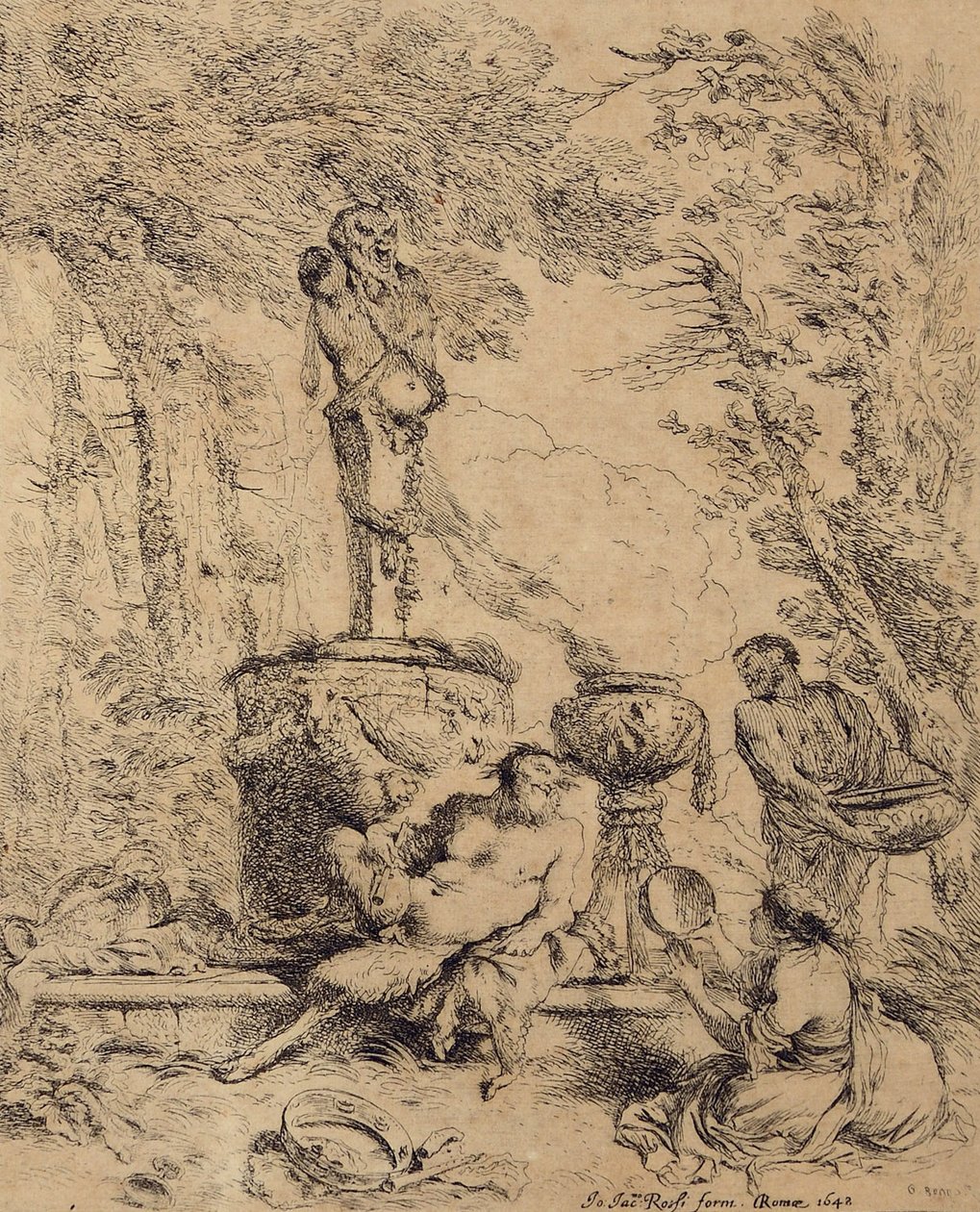 Pastoralscene, Faun og hyrden eller festen foran alteret til gudsterminalen av Giovanni Benedetto Castiglione